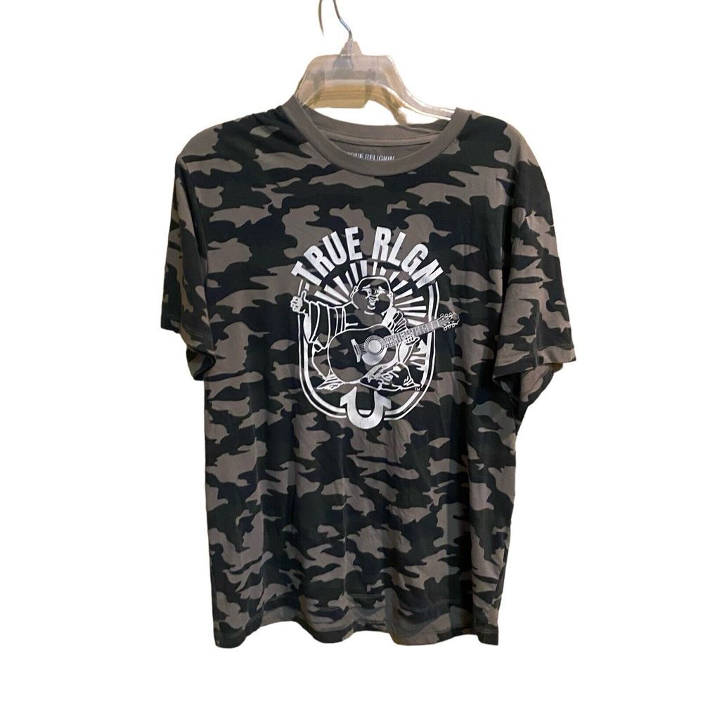 True Religion Men's Size L Green Camo Arch Logo Crew Neck Tee